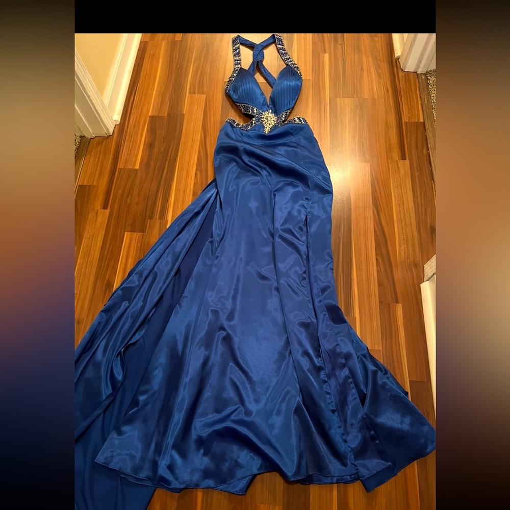 Tony Bowls- long prom dress- royal blue - train attach on the back with a clip